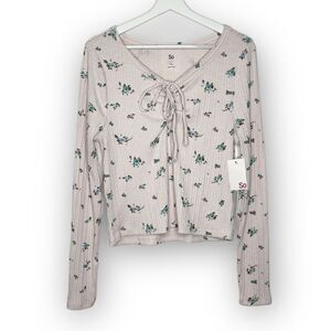 SO Kohl’s Long Sleeve Ribbed Lace Front Tee Pink Floral Juniors Size XXL NWT